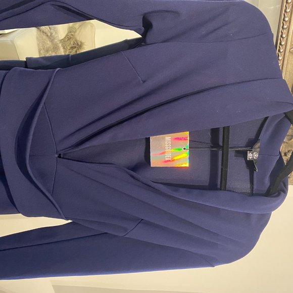 Long Sleeve Navy Blue Belted Plunge Wide Leg Jumpsuit - Picture 6 of 7